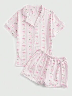 ROMWE by SHEIN Pink Bow Floral Pajama Set NWT Size XXS